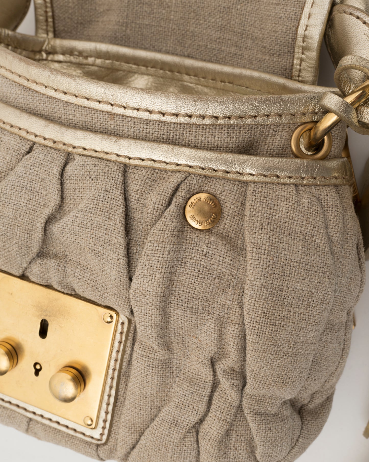 2000s MIU MIU Beige Canvas & Gold Metallic Leather Mini Coffer Bag