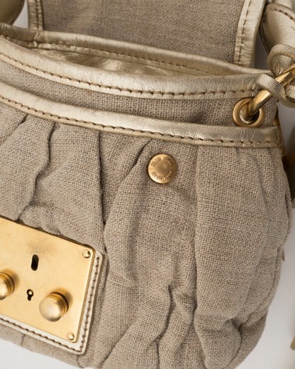 2000s MIU MIU Beige Canvas & Gold Metallic Leather Mini Coffer Bag