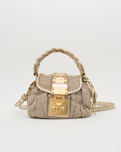 2000s MIU MIU Beige Canvas & Gold Metallic Leather Mini Coffer Bag