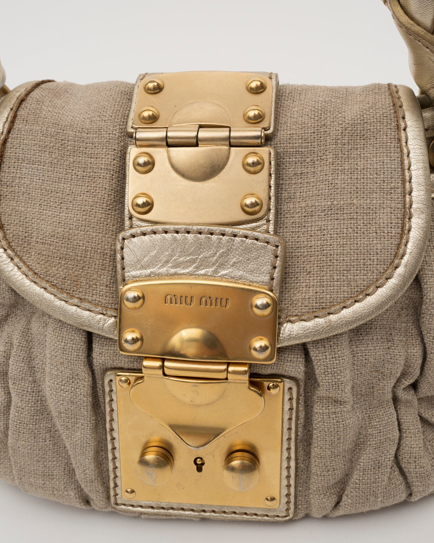 2000s MIU MIU Beige Canvas & Gold Metallic Leather Mini Coffer Bag