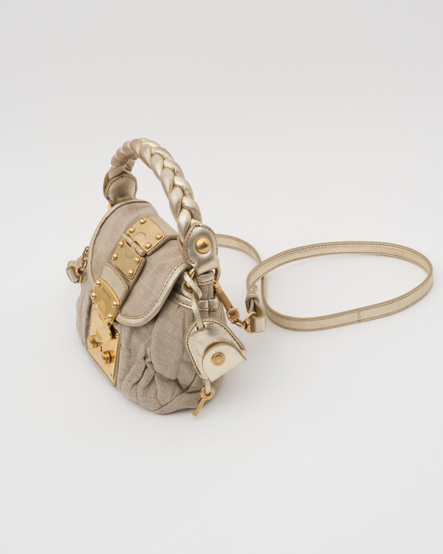 2000s MIU MIU Beige Canvas & Gold Metallic Leather Mini Coffer Bag