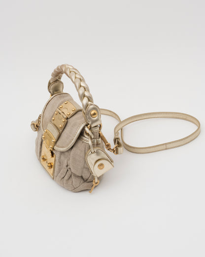 2000s MIU MIU Beige Canvas & Gold Metallic Leather Mini Coffer Bag