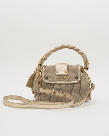 2000s MIU MIU Beige Canvas & Gold Metallic Leather Mini Coffer Bag