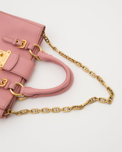 2000s MIU MIU Pink Madras Leather Structured Lock Satchel