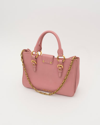 2000s MIU MIU Pink Madras Leather Structured Lock Satchel