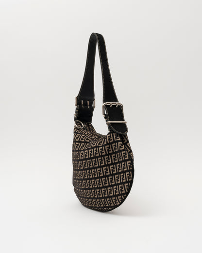 2000s FENDI Zucca Monogram Black Velvet & Canvas Hobo Bag