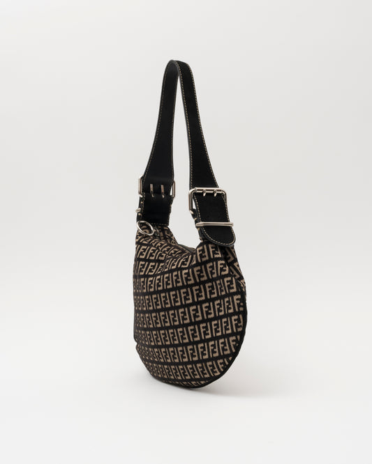 2000s FENDI Zucca Monogram Black Velvet & Canvas Hobo Bag