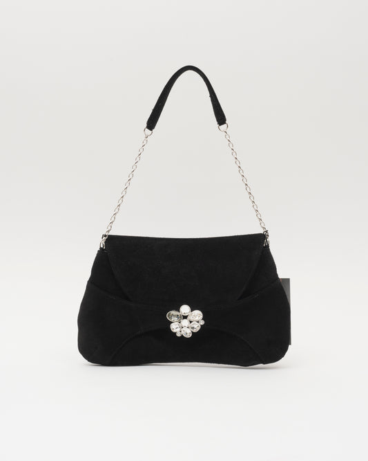2000s SWAROVSKI Black Suede Crystal Shoulder Bag