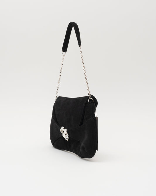 2000s SWAROVSKI Black Suede Crystal Shoulder Bag