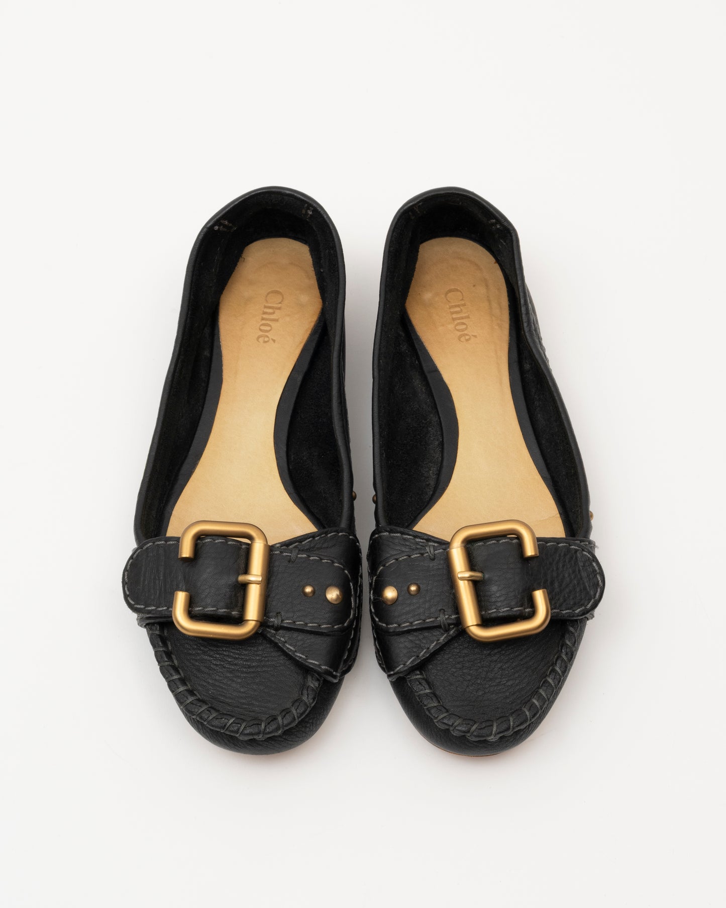 2000s CHLOE Black Leather Buckle Ballet Flats (37.5)