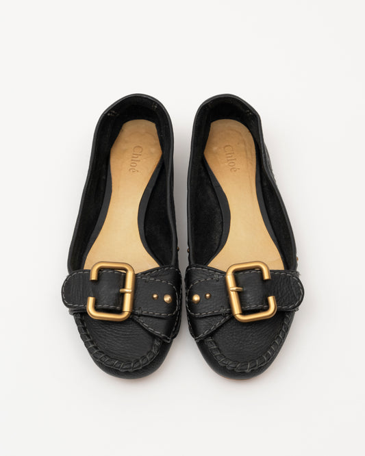 2000s CHLOE Black Leather Buckle Ballet Flats (7.5)