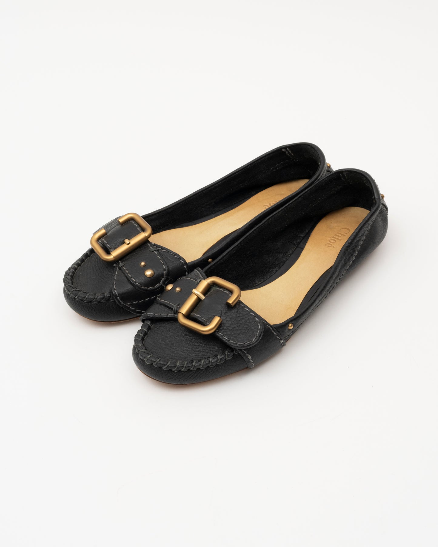 2000s CHLOE Black Leather Buckle Ballet Flats (37.5)