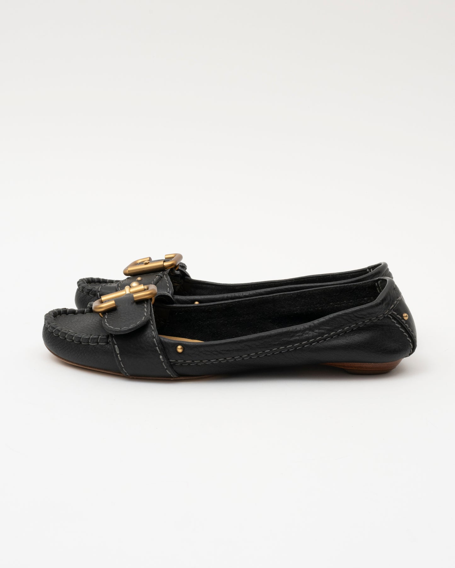 2000s CHLOE Black Leather Buckle Ballet Flats (37.5)