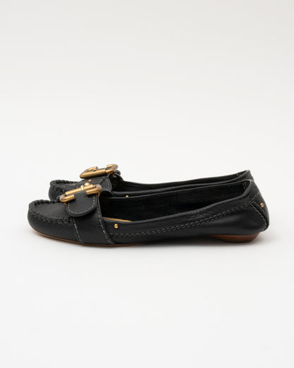 2000s CHLOE Black Leather Buckle Ballet Flats (37.5)