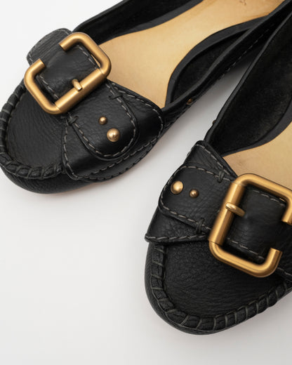 2000s CHLOE Black Leather Buckle Ballet Flats (37.5)