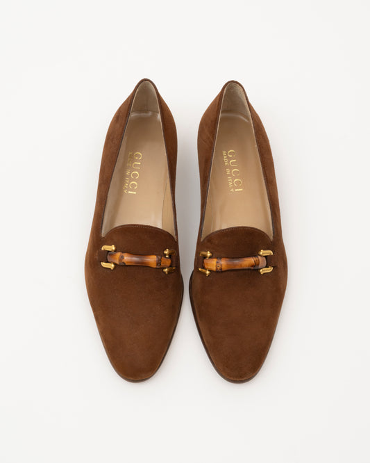 90s GUCCI Brown Suede Bamboo Horsebit Loafers (6.5)