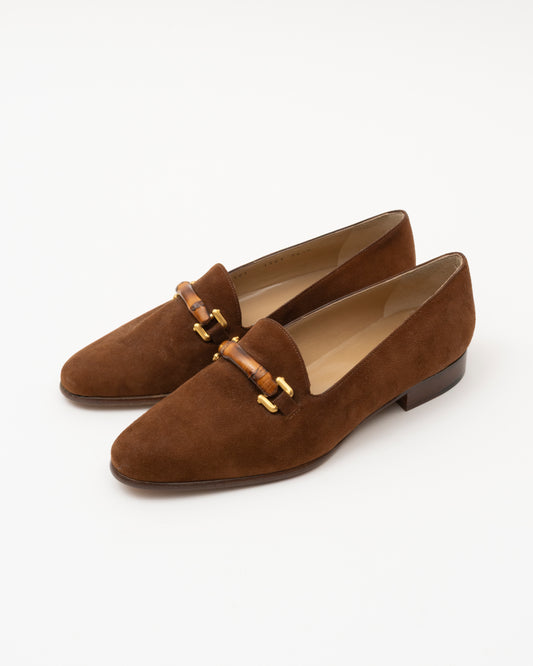 90s GUCCI Brown Suede Bamboo Horsebit Loafers (6.5)