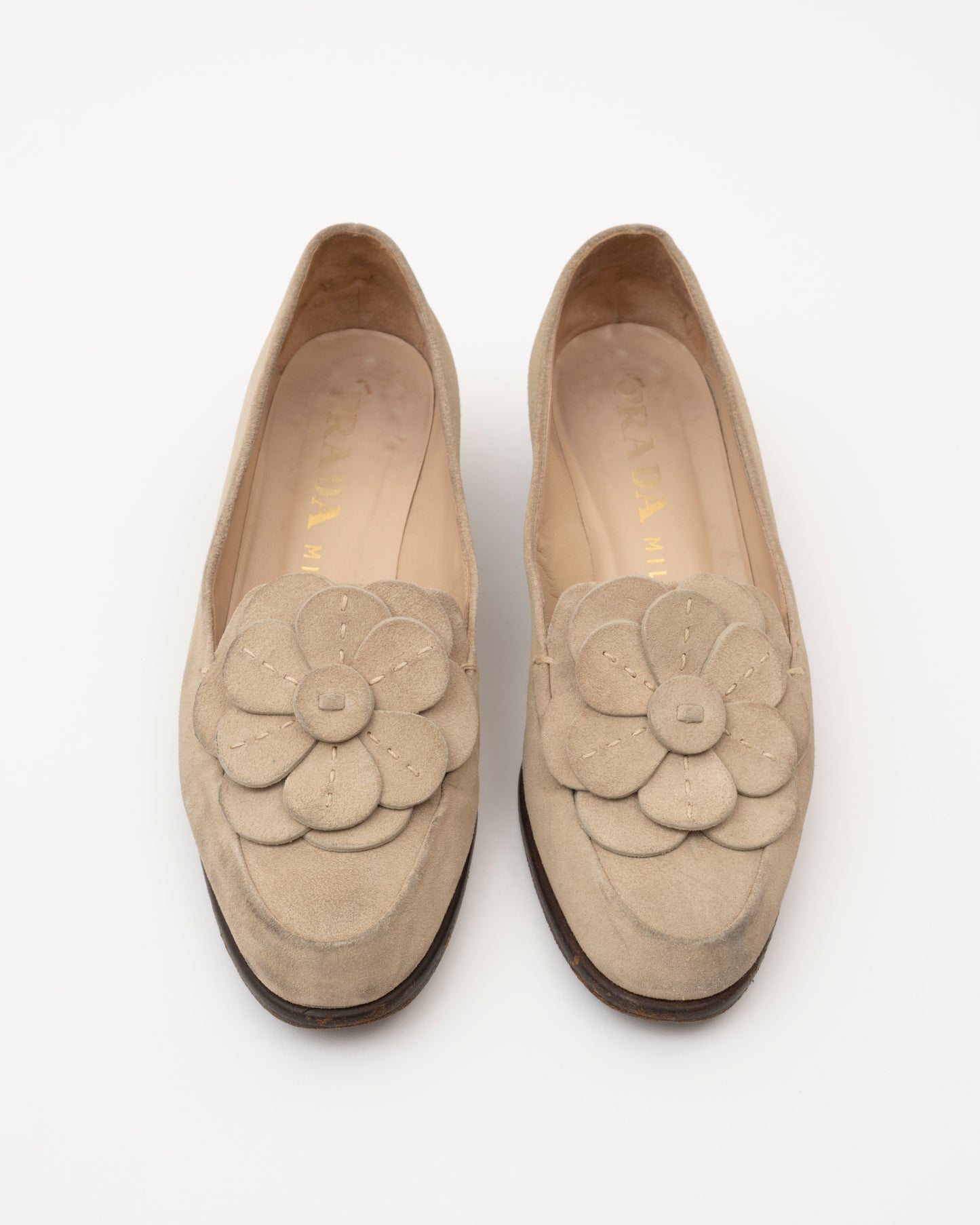 90s PRADA Beige Suede Flower Loafers (35)