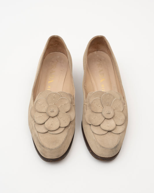 90s PRADA Beige Suede Flower Loafers (5.5)