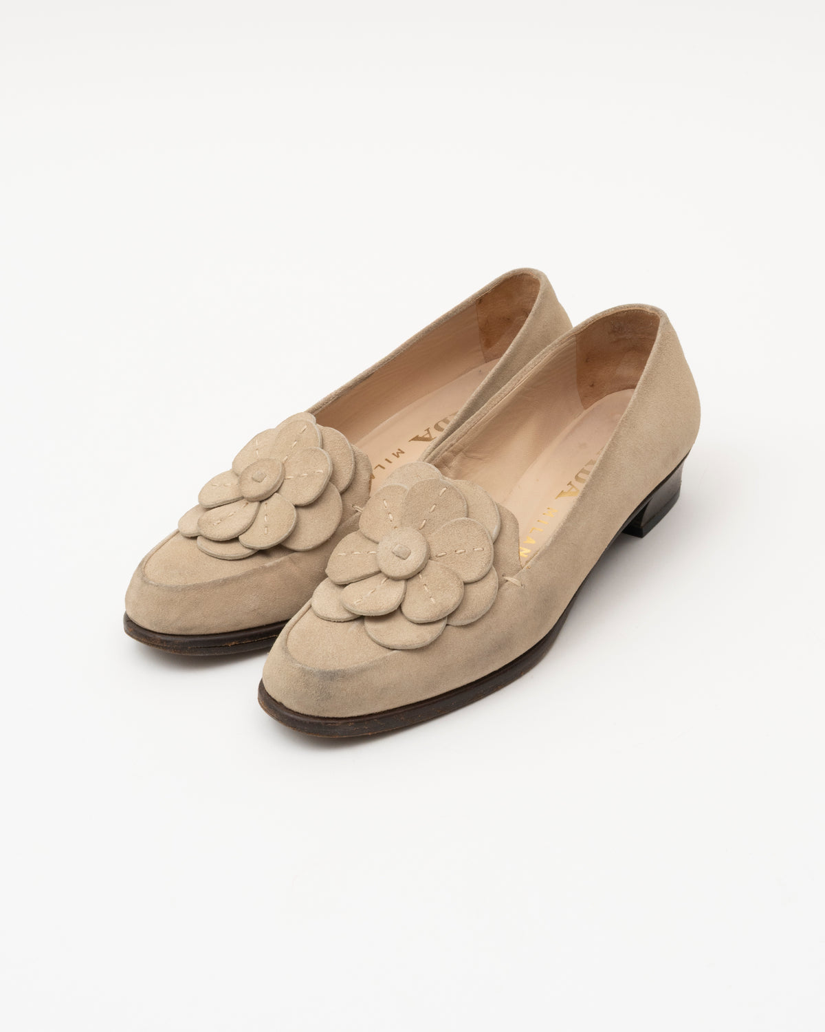 90s PRADA Beige Suede Flower Loafers (35)