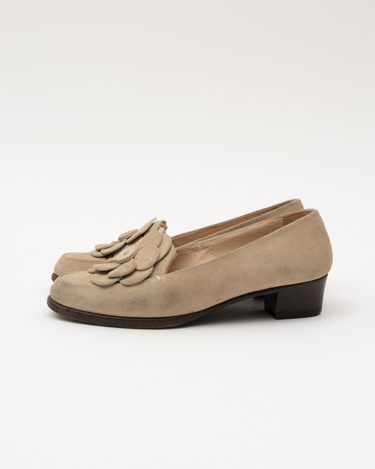 90s PRADA Beige Suede Flower Loafers (35)
