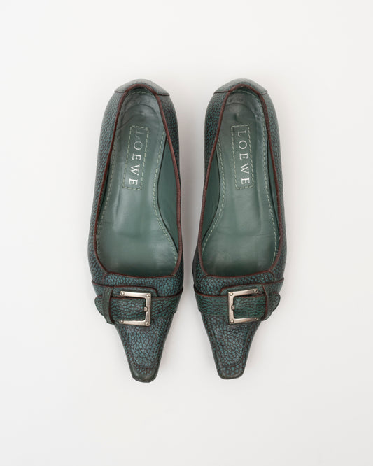 2000s LOEWE Teal Leather Pointed Flats (7.5)