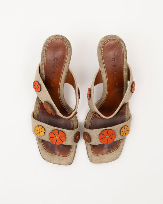 90s CELINE Canvas Floral Applique Sandals (37)