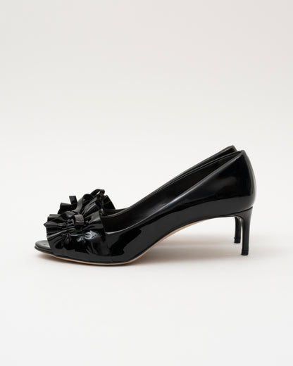 2000s MIU MIU Black Patent Leather Ruffle Bow Heels (36.5)