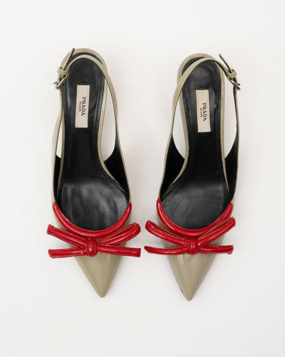 2000s PRADA Sage Patent Leather Red Bow Slingback Heels (36)