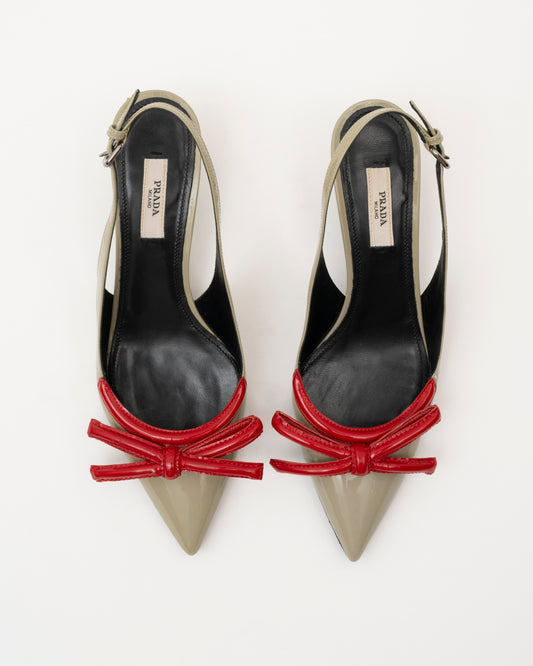 2000s PRADA Sage Patent Leather Red Bow Slingback Heels (36)