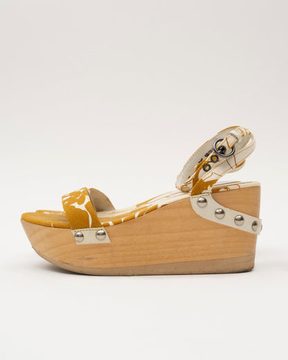 90s MIU MIU Mustard Floral Wood Platform Sandals (36)