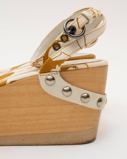 90s MIU MIU Mustard Floral Wood Platform Sandals (36)