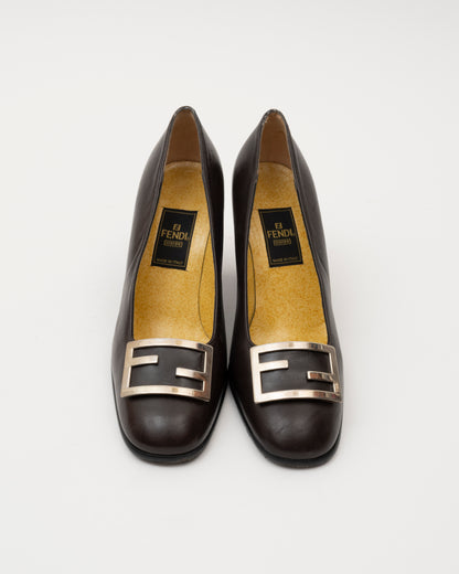 90s FENDI Black Leather Logo Pumps (36.5)