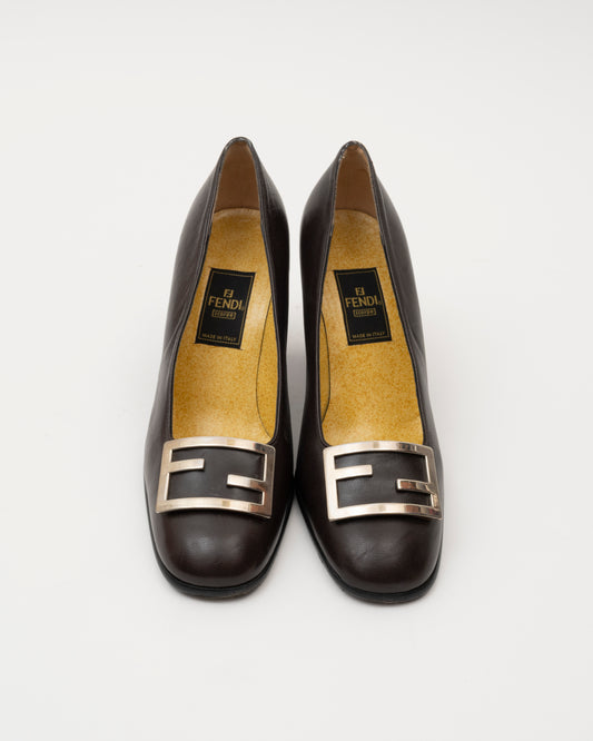 90s FENDI Black Leather Logo Pumps