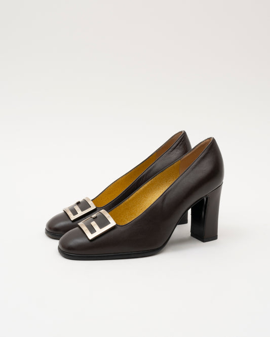 90s FENDI Black Leather Logo Pumps