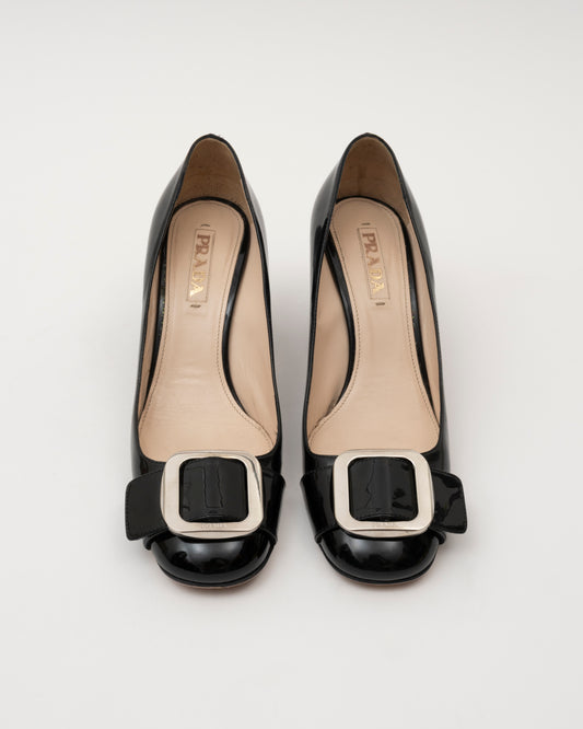 90s PRADA Black Patent Buckle Block Heels (39.5)