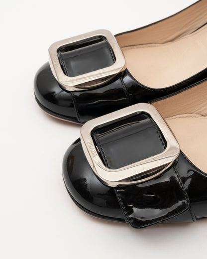 90s PRADA Black Patent Buckle Block Heels (39.5)