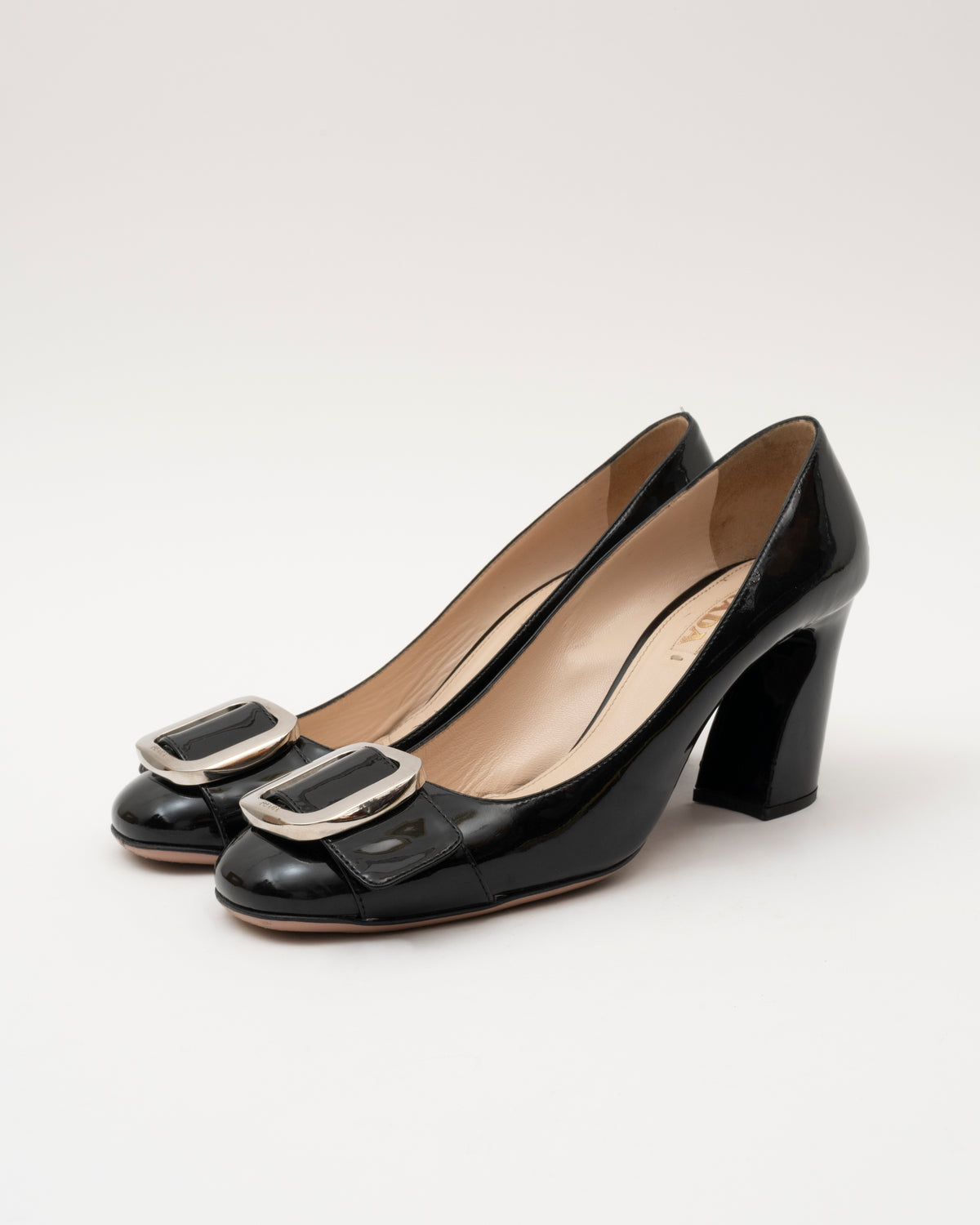90s PRADA Black Patent Buckle Block Heels (39.5)