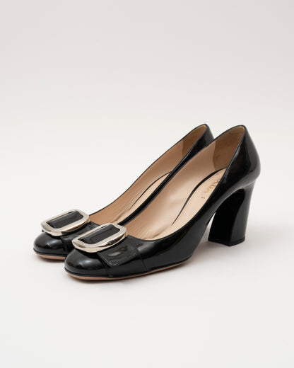 90s PRADA Black Patent Buckle Block Heels (39.5)