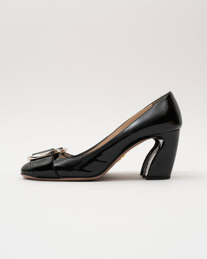 90s PRADA Black Patent Buckle Block Heels (39.5)