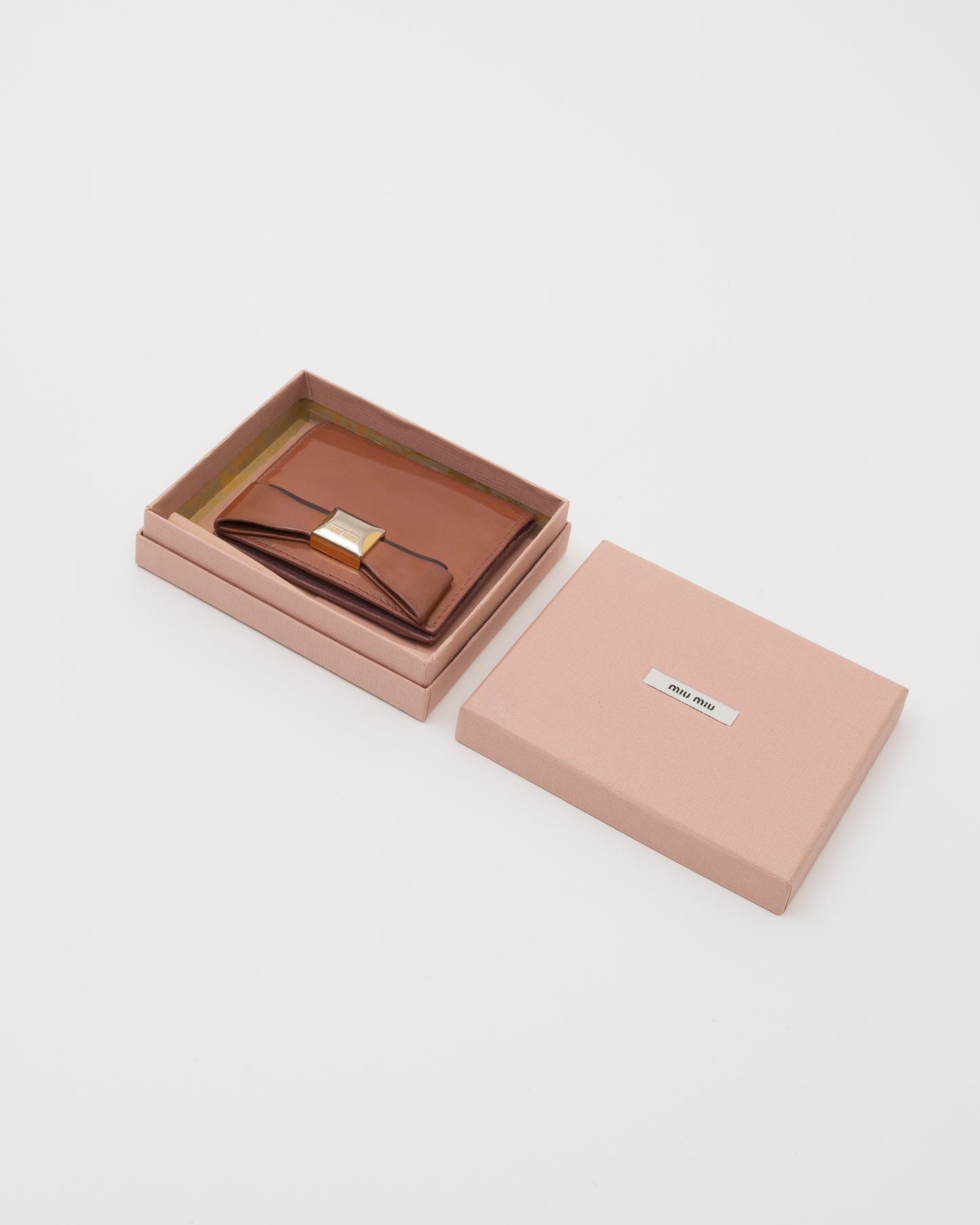 2000s MIU MIU Brown Patent Leather Bow Card Case w/Box
