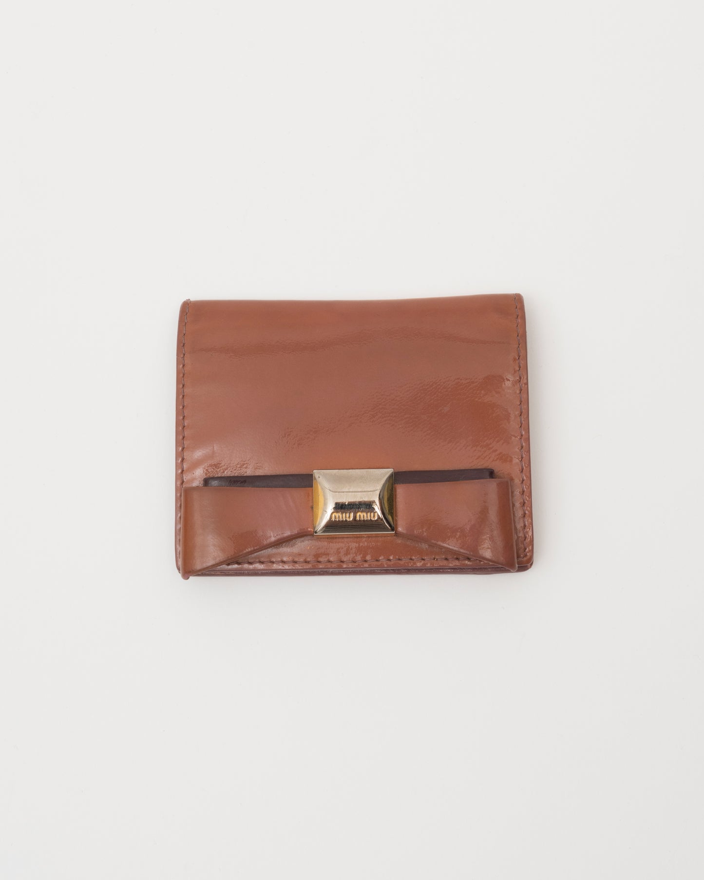 2000s MIU MIU Brown Patent Leather Bow Card Case w/Box