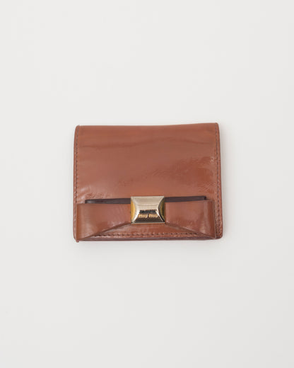 2000s MIU MIU Brown Patent Leather Bow Card Case w/Box