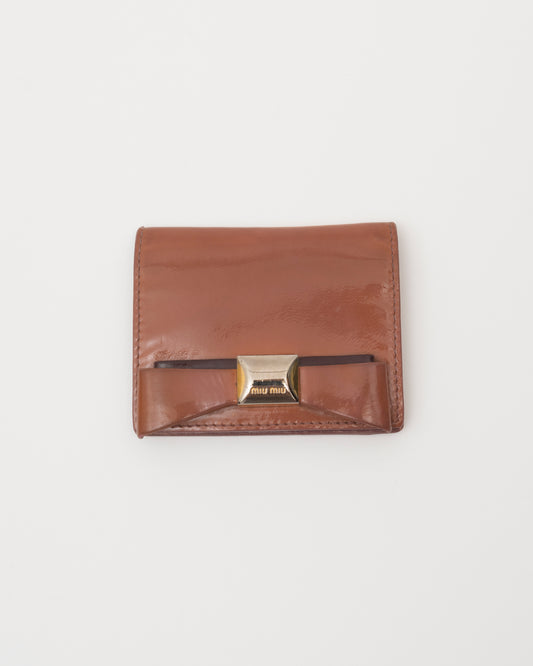 2000s MIU MIU Brown Patent Leather Bow Card Case w/Box