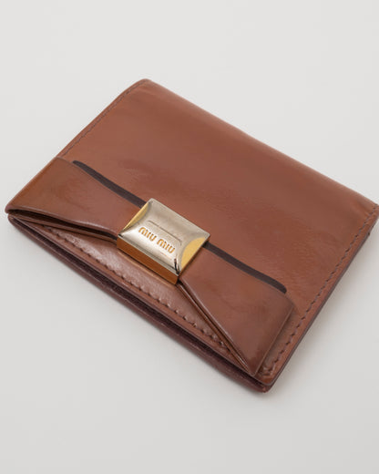 2000s MIU MIU Brown Patent Leather Bow Card Case w/Box