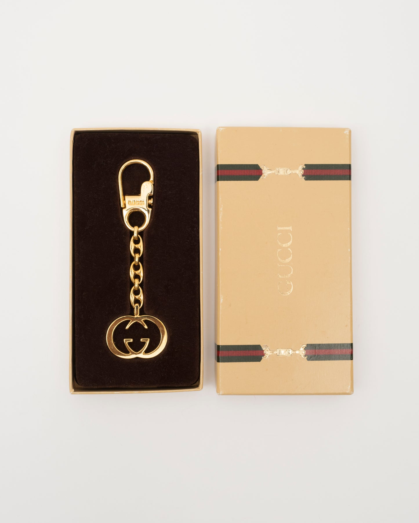 70s/80s GUCCI Gold GG Interlocking Keychain w/Box