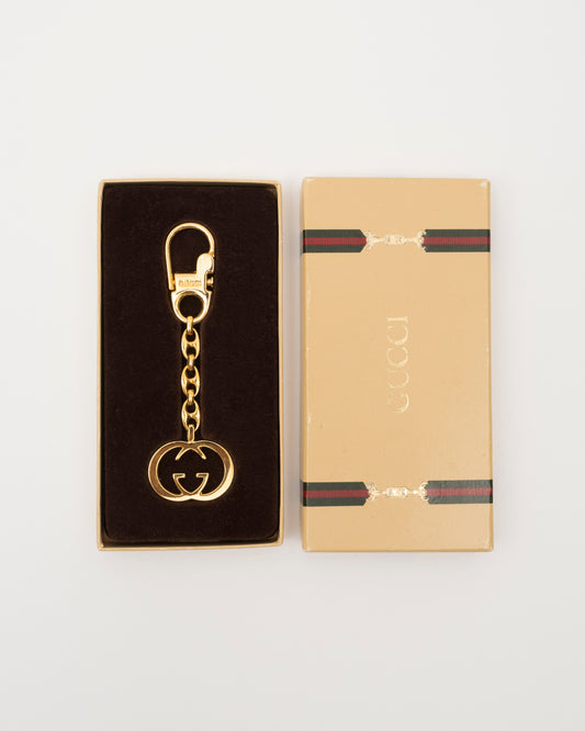 70s/80s GUCCI Gold GG Interlocking Keychain w/Box