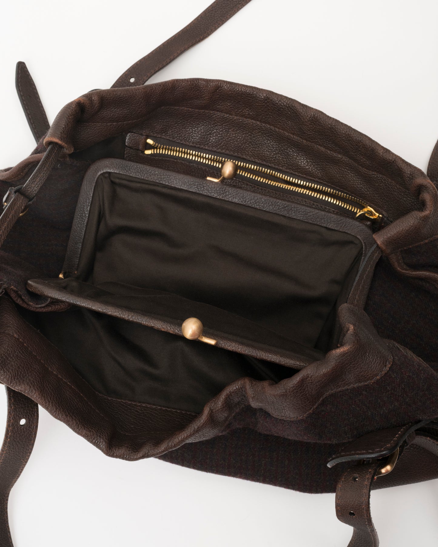 90s Rare MIU MIU Brown Wool & Leather Internal Kiss Lock Bag