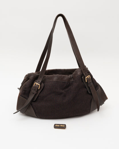 90s Rare MIU MIU Brown Wool & Leather Internal Kiss Lock Bag