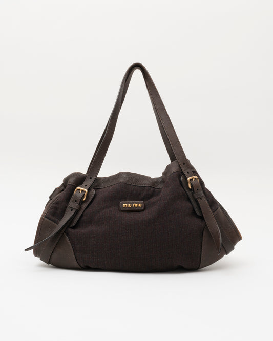 90s Rare MIU MIU Brown Wool & Leather Internal Kiss Lock Bag